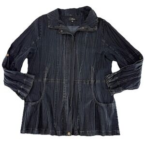Flair Crinkle Accordion Jacket Zip Snaps Sz M Blue Denim Look Cinch Waist Boho